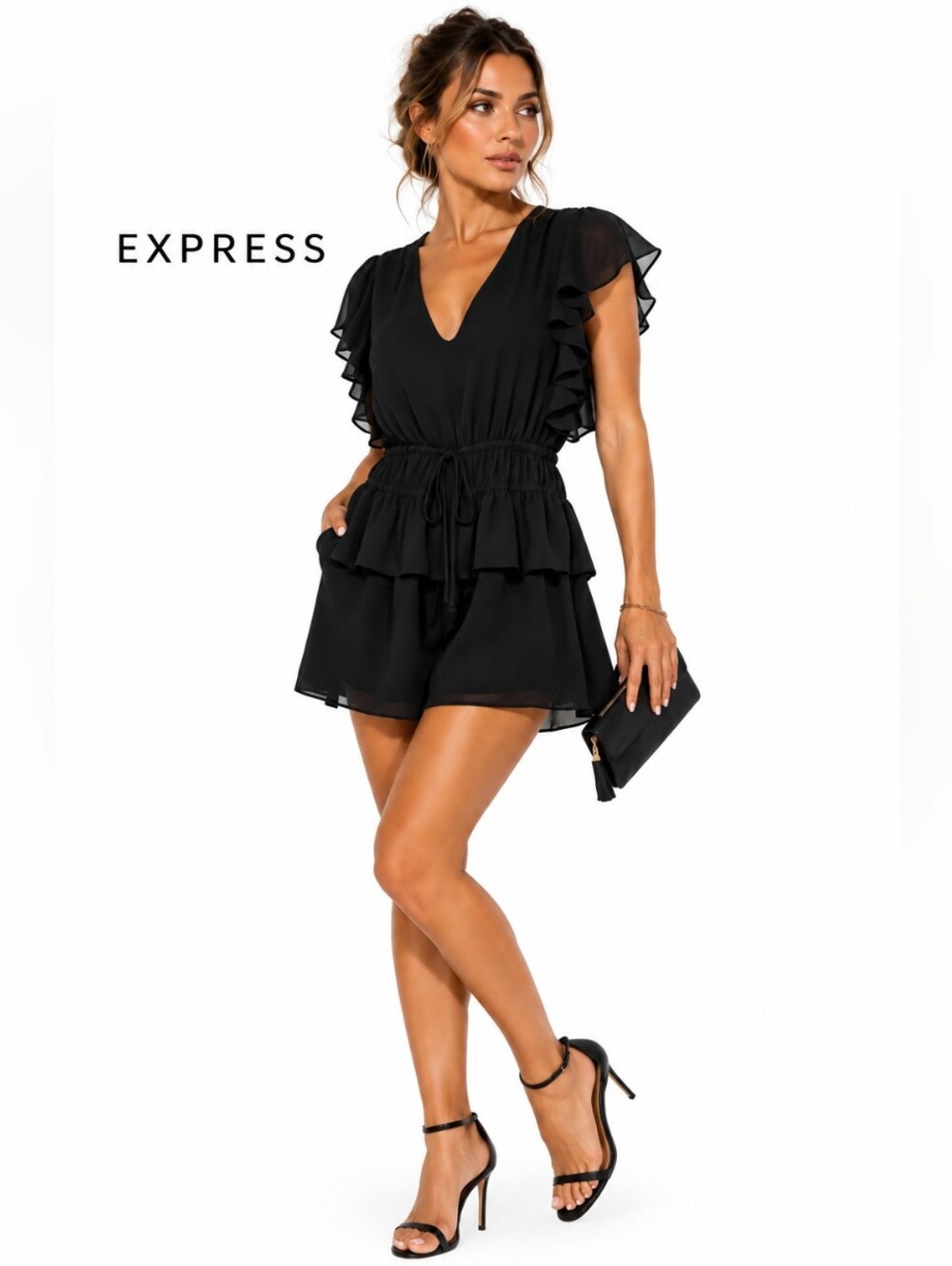 Express Black Ruffle Sleeve Chiffon Romper XS